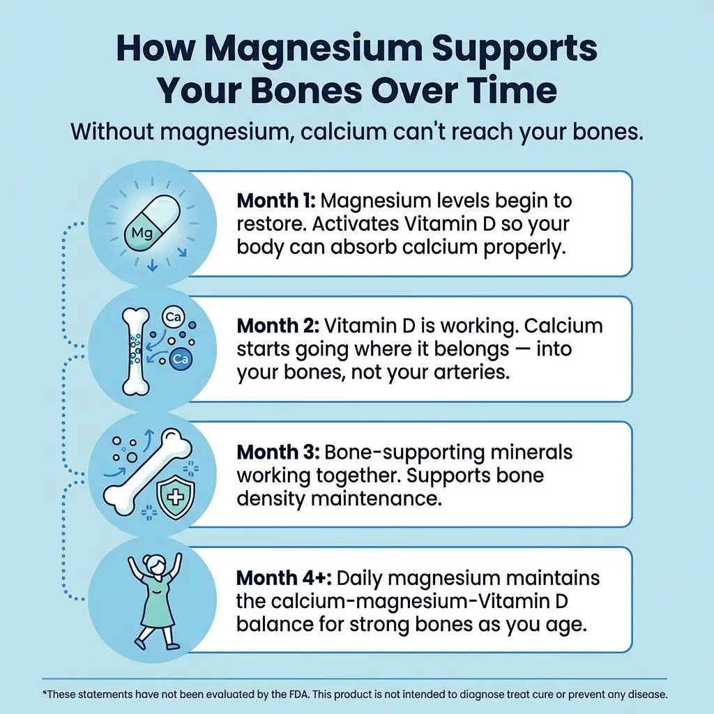 Infographic explaining how magnesium supports bone health over time on a light blue background.