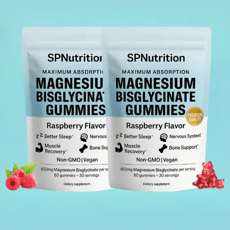 Two packages of SP Nutrition Magnesium Bisglycinate Gummies on a light blue background